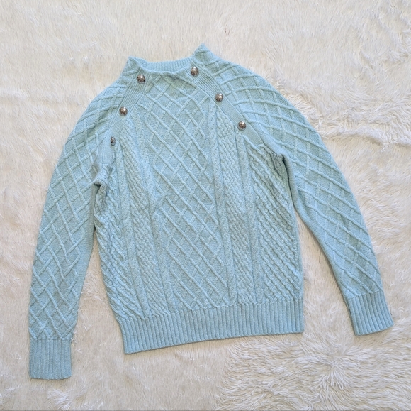 Talbots Light Blue Mock Neck Cable Knit Sweater with Silver Buttons Size Petite - Picture 2 of 11